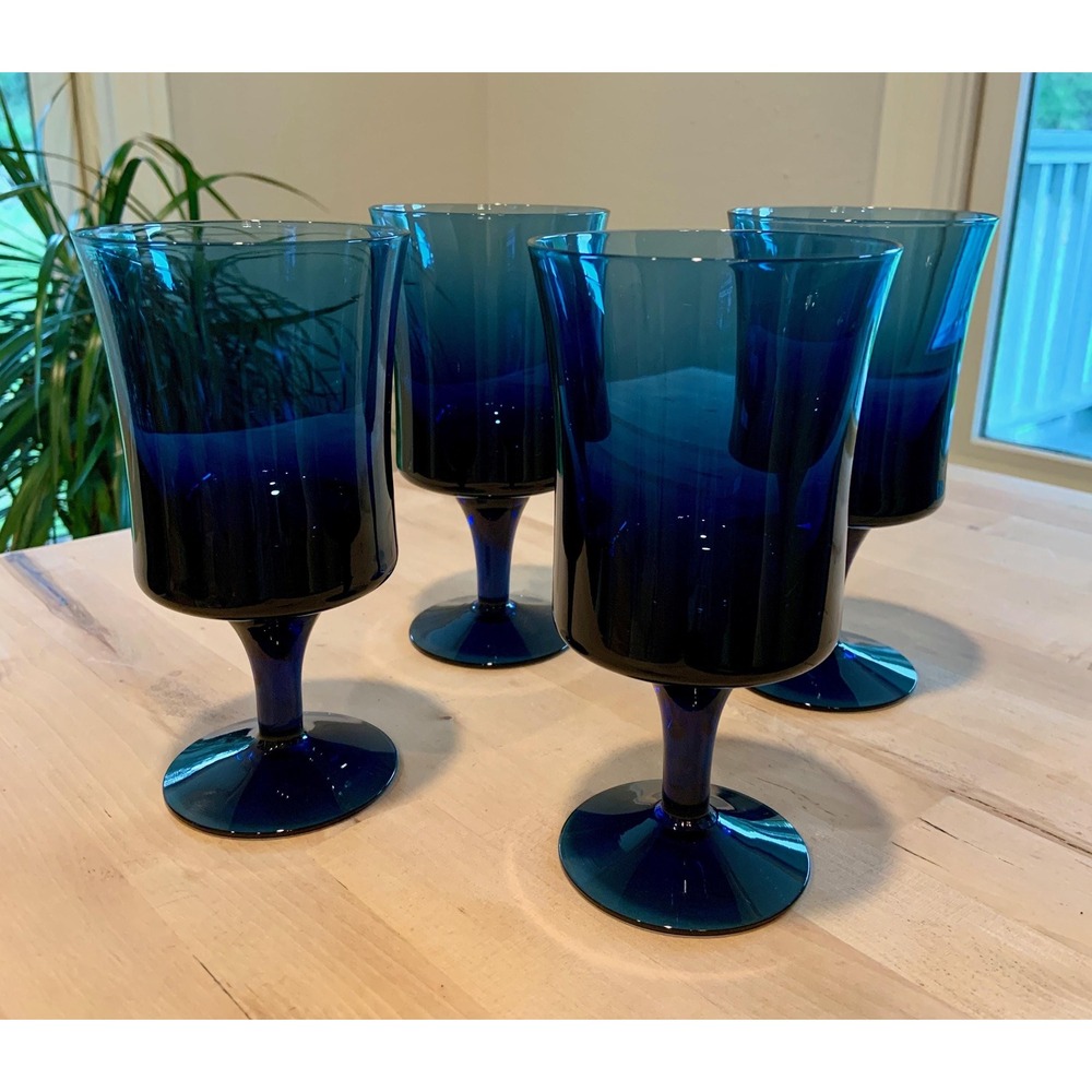 Vintage Denby Arabesque Cobalt Blue Water Glass/Stemware Set of 4